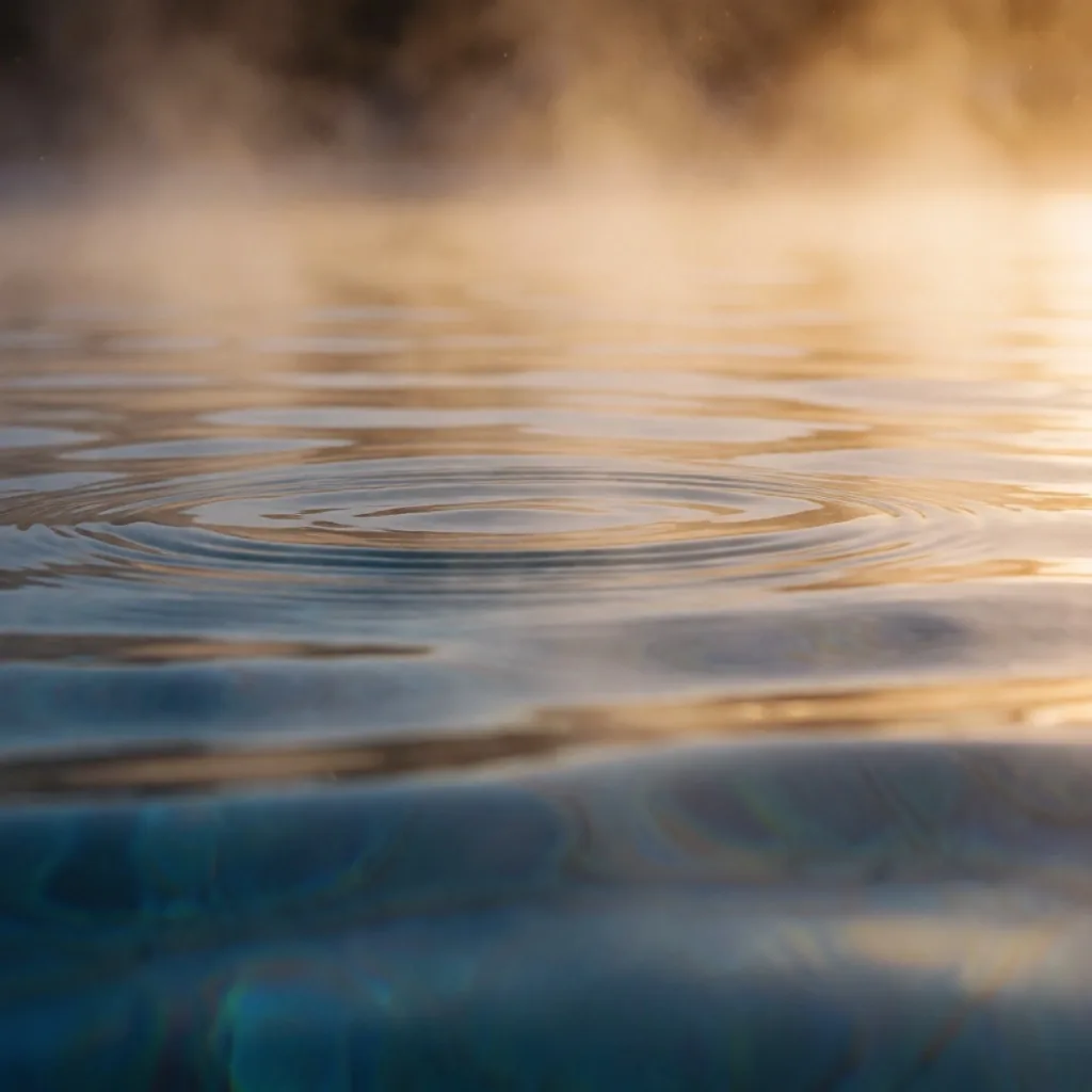 Superficie del agua termal con vapor al atardecer