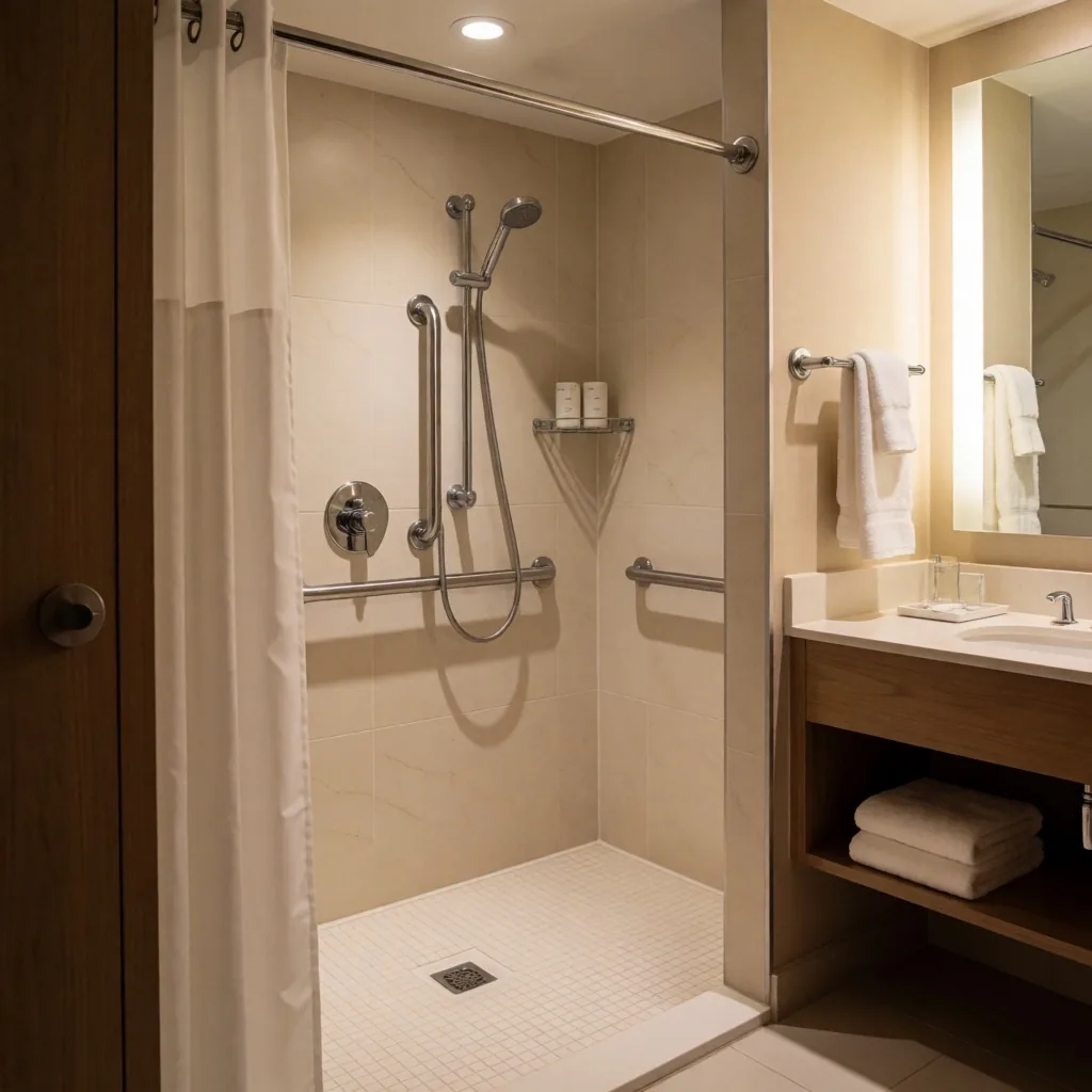 Habitación de hotel accesible con ducha a ras de suelo y barras de apoyo