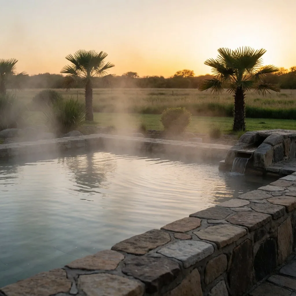 Termas de Entre Ríos al atardecer con vapor sobre las piletas de agua mineral