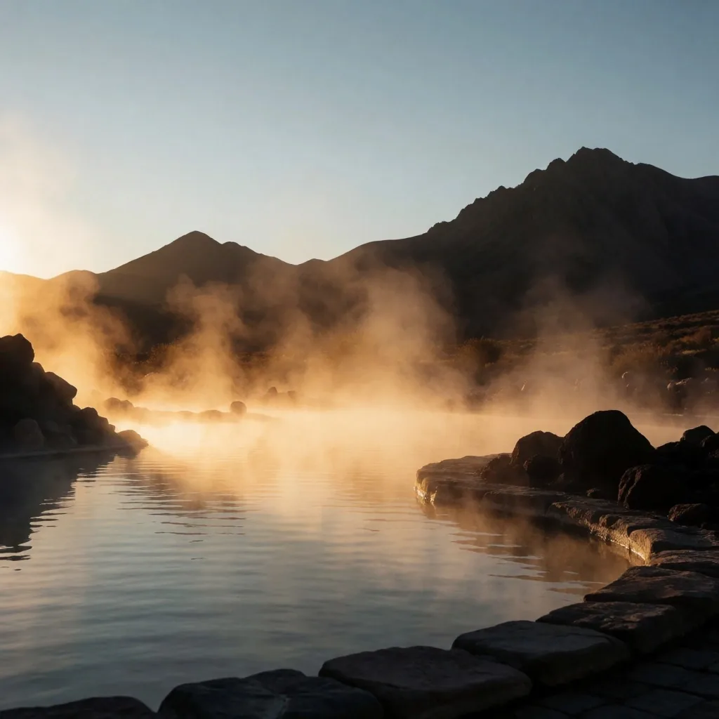 Aguas termales al atardecer en un entorno de montaña con vapor mineral