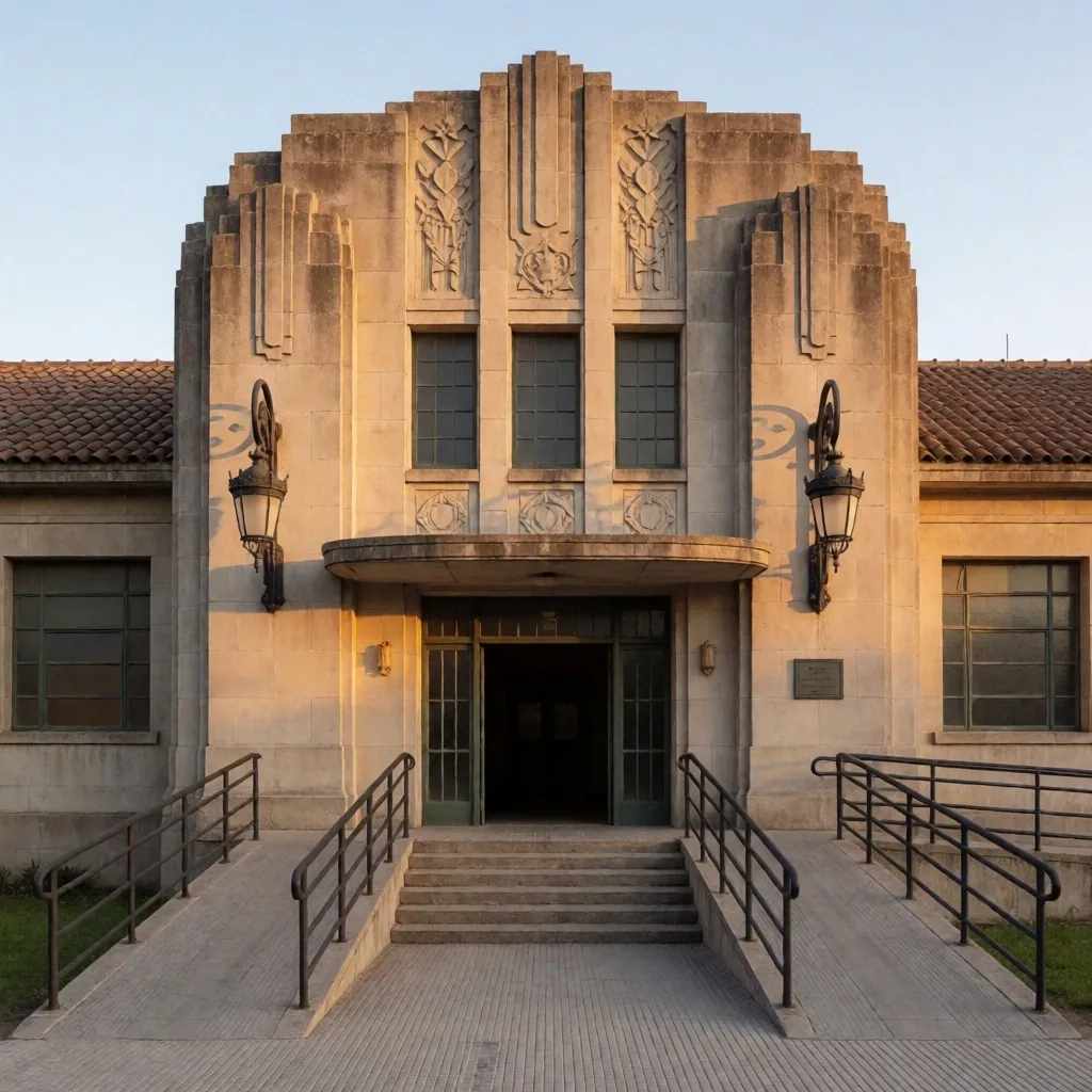 Detalle arquitectónico de un edificio termal histórico al atardecer