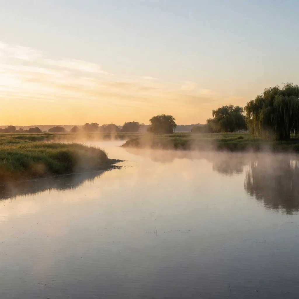 Paisaje termal de la llanura entrerriana al amanecer con vapor sobre las aguas