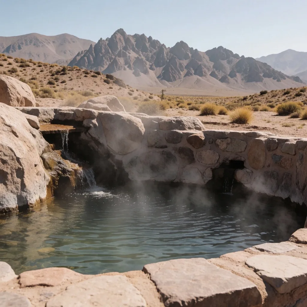 Piscina termal de Cacheuta con vapor sobre las piedras y la Precordillera de fondo