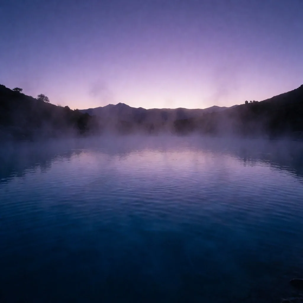 Piscina termal al atardecer con vapor mineral en Mendoza