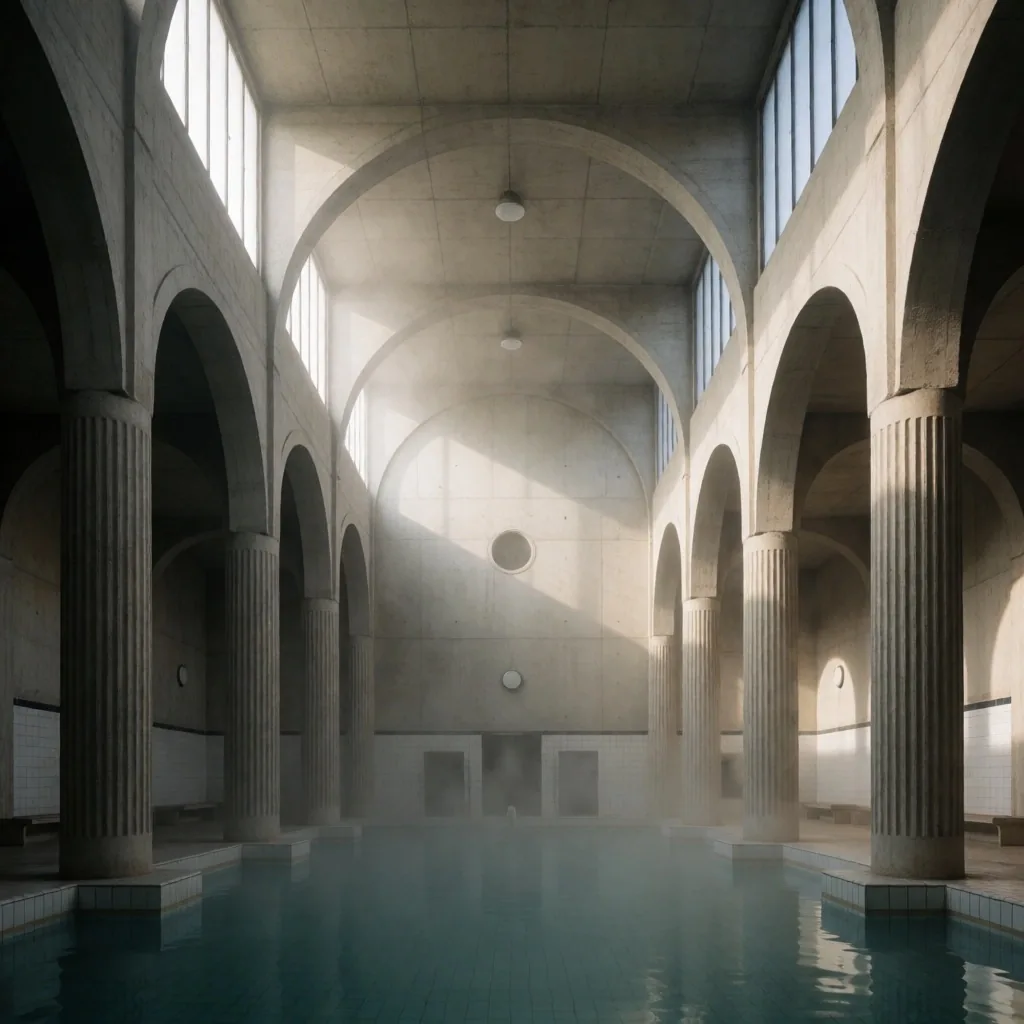 Interior de termas con arquitectura de mediados del siglo XX