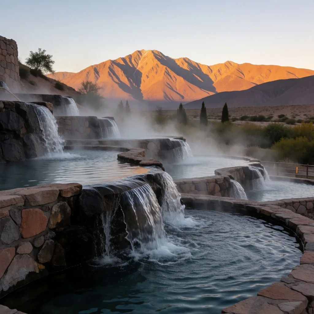 Piletas termales en cascada al atardecer en Mendoza