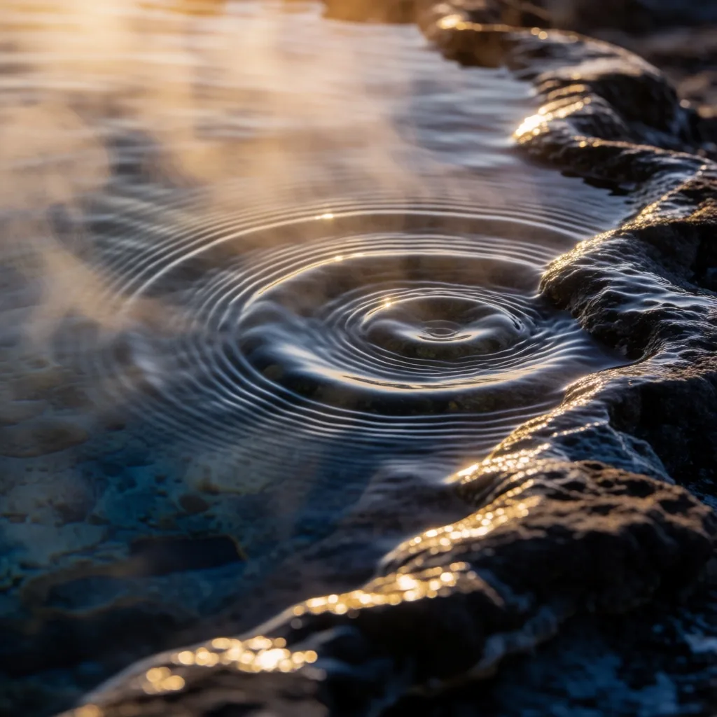 Detalle del agua termal mineral con vapor ascendente